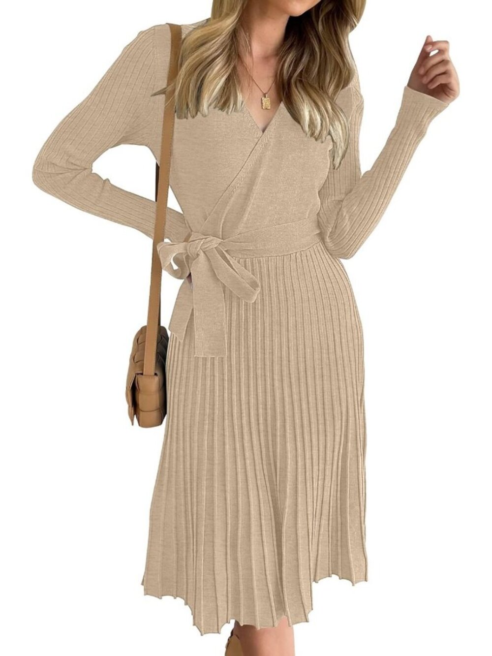 Chic Women's Fall Long Sleeve Wrap Midi Sweater Dress for Wedding Guests